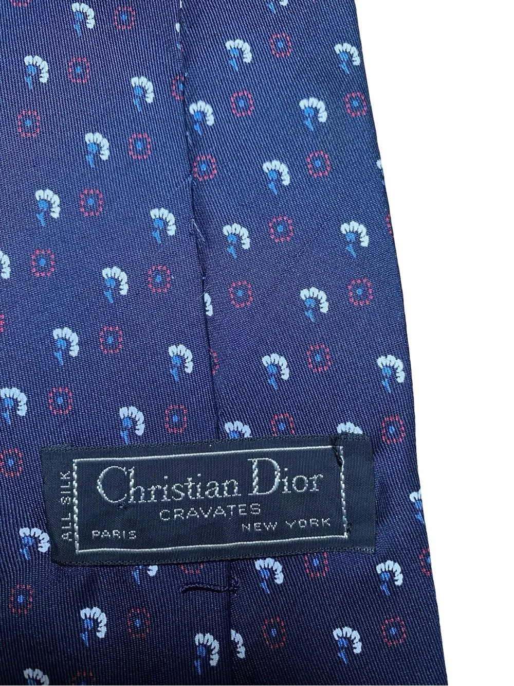 VINTAGE Christian Dior Cravates Silk Tie Geometric Pattern Navy Blue
